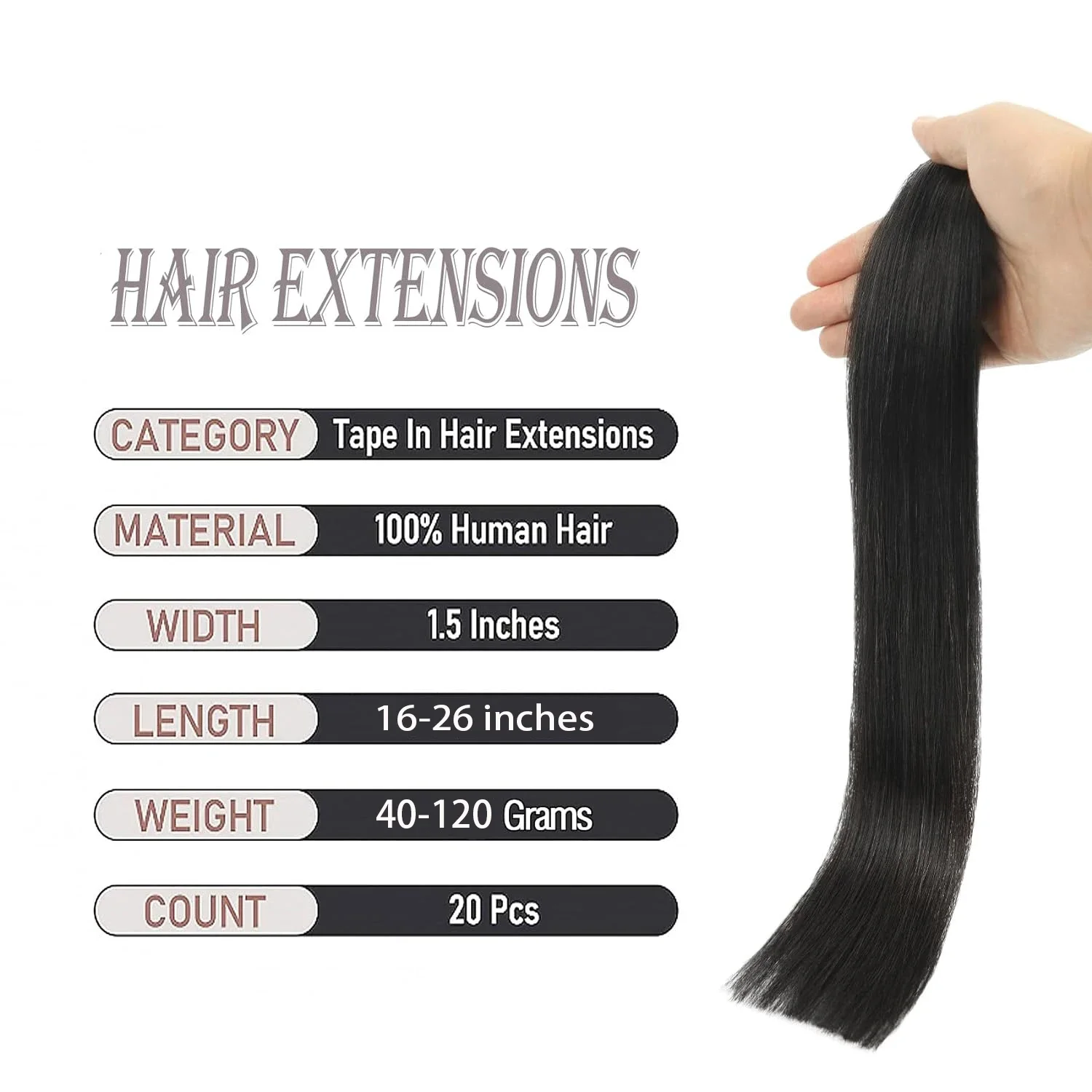 Natural Black Straight Hair Tape In Extensions for Women 1B_voghion.com