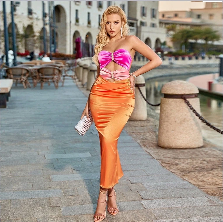 D&M New Design Women's Summer Satin Dress Sexy off Shoulder Bodycon Midi  Length Casual for Beach Party Club Prom or Holiday