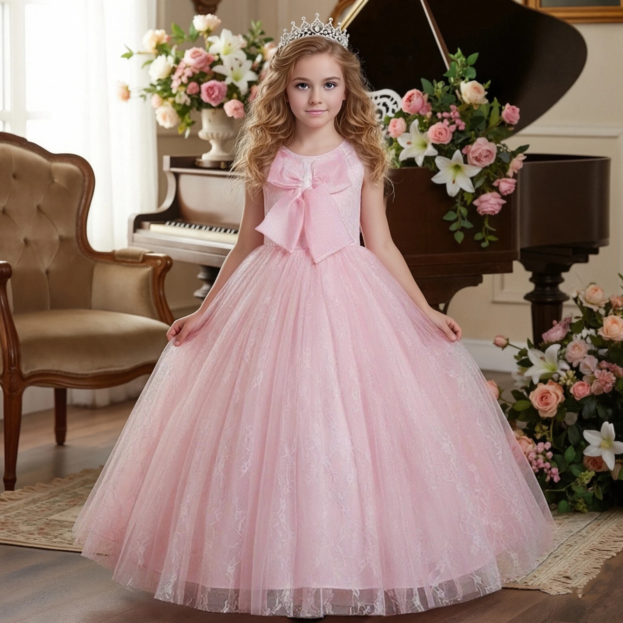 buy floor length dresses White Lace Champagne Tulle Ball Gown Elegant Flower Girl Dress main image 0