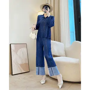 Autumn New Denim Pleated Set Long Sleeve Top with Fashion Lapel and Wide Leg Pants Two-Piece Set Women's Set