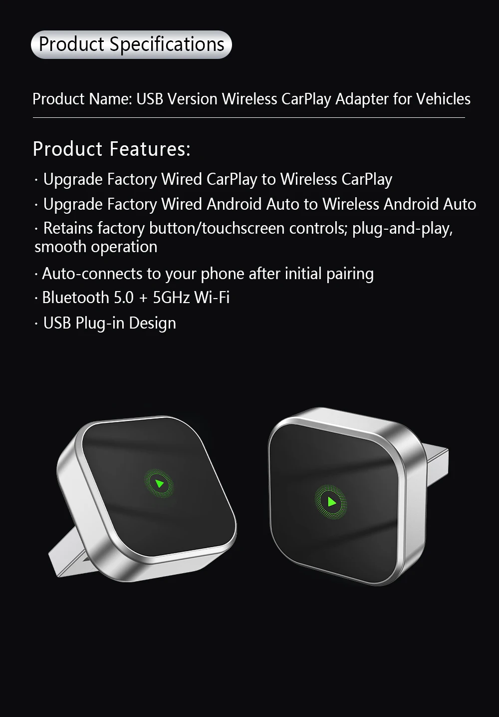 Automatic Connection Wireless CarPlay Adapter - 2 in 1 Plug and Play Smart Box for Cars
