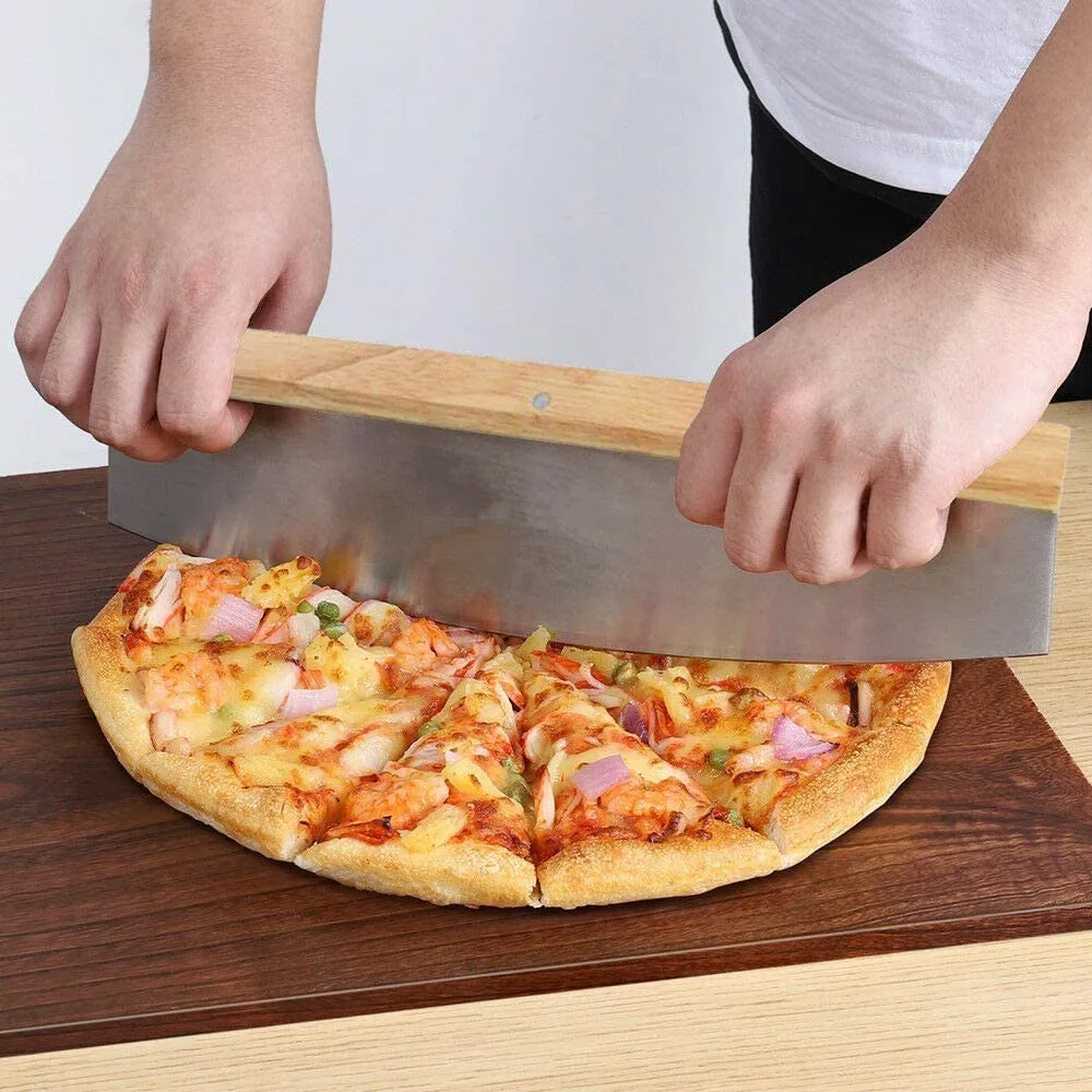 Pizza Cutter Rocker with Wooden Handle and Protective Cover Stainless Steel Pizza Slicer Wheel Pizza Chopper