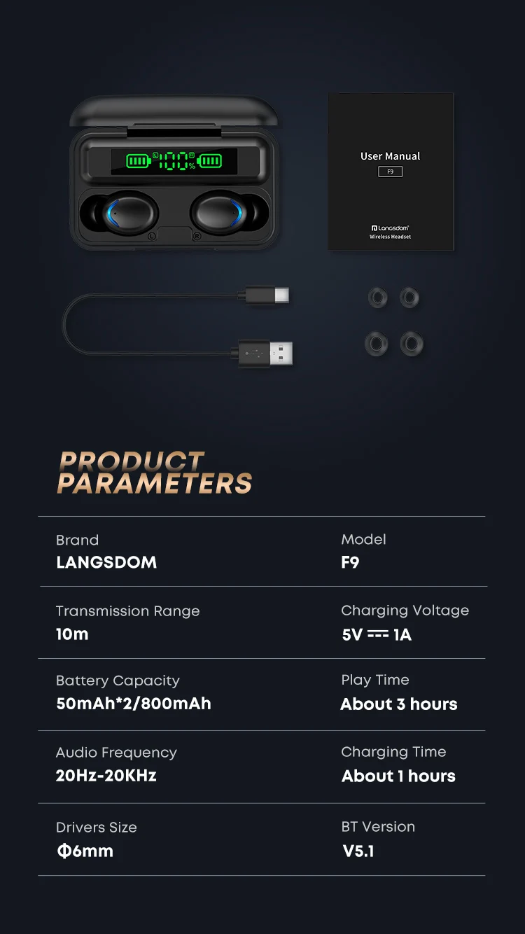 Langsdom F9-5 F9-5C Earphones - 9D Hifi Stereo, Waterproof