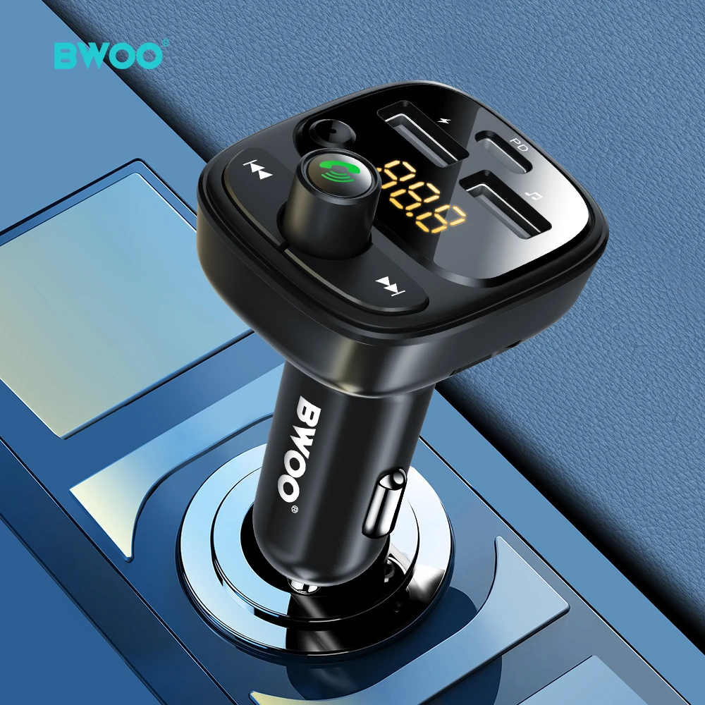 BWOO 30W Type C Dual USB Port Car Charger Adapter Digital Display 3A Fast Charging Car Wireless Fm Transmitter for Mobile Phone