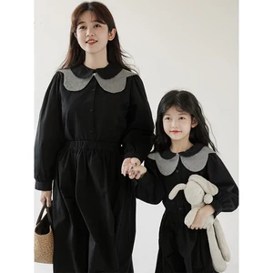 Big Children's Long-Sleeved Parent-Child Wear Petal Lapel Retro Simple Large Size Shirt Autumn Fashionable Trendy Top