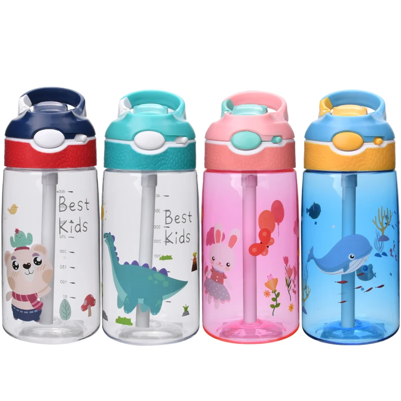 Aohea BPA Free 480ml Tritan Water Bottle With Cute Cartoon Pattern and Silicone Straw for Kids