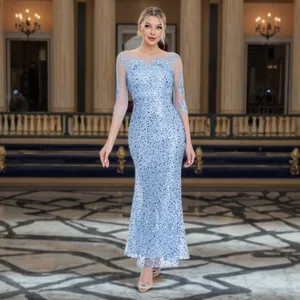 New Women's Fashion Luxury Beaded Long-Sleeve Evening Gown Glitter Fish Tail Elegant Dress Women's Party Wear
