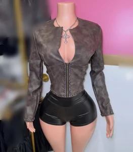 Viviblook Q25TP281 Autumn Winter New Sexy Women Solid Color Casual Zipper Slim Fit Long Sleeved Deep V PU Leather Crop Top