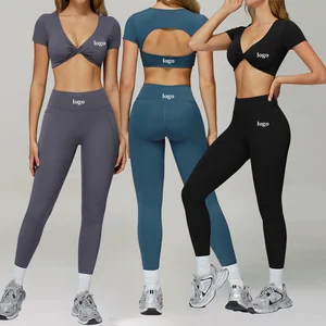 High Quality OEM Sample Tight Sports Top High Waist Quick Dry Butt Lifting Yoga Pants 2pcs Gym Fitness Wear Hollow Out Crop Top
