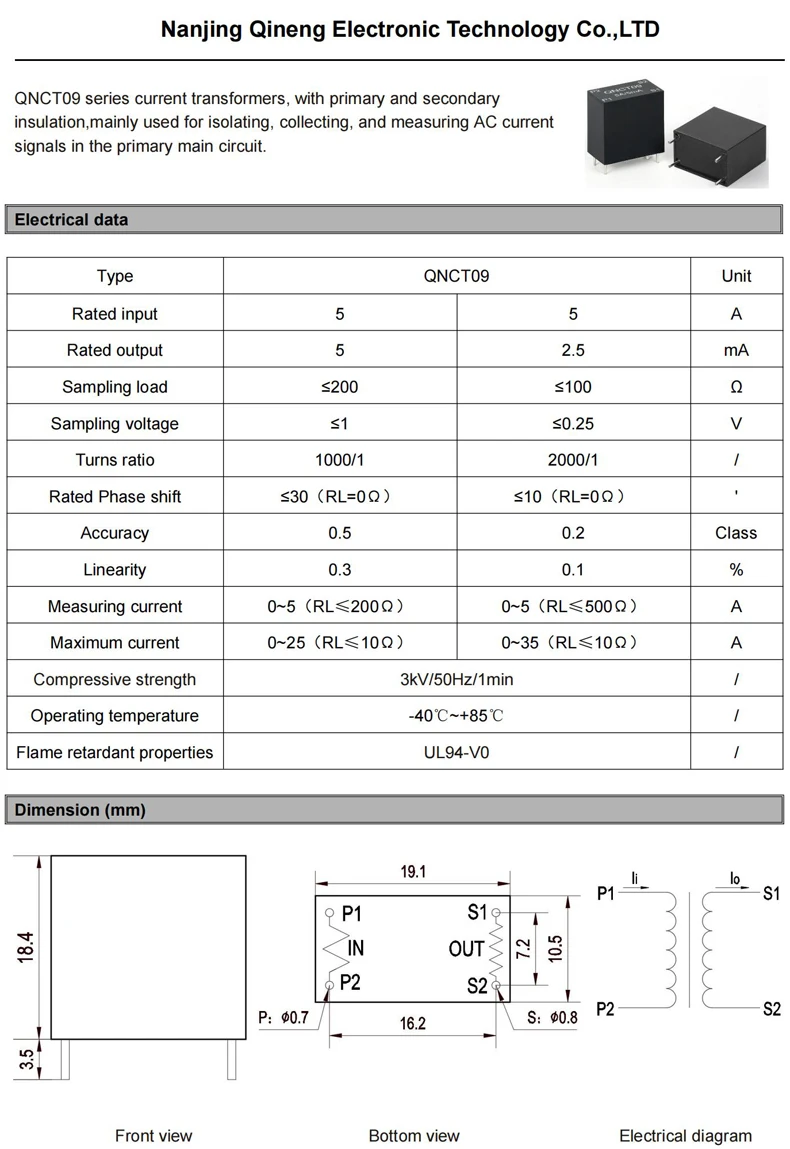 Pcb Mount Current Transformer CT QNCT02 10A/10mA 50A 25mA 10A/5mA 20A/20mA Small Current Transducer AC Precision Current Sensor