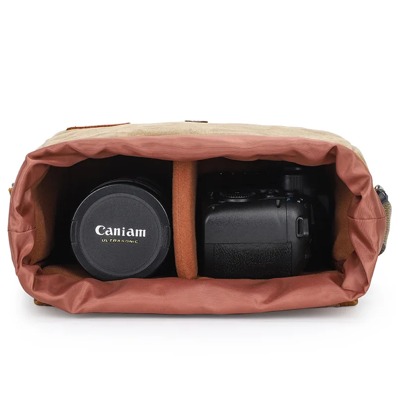 custom vintage padded camera shoulder bag with rain cover water resistant waxed canvas DSLR camera bag for women men