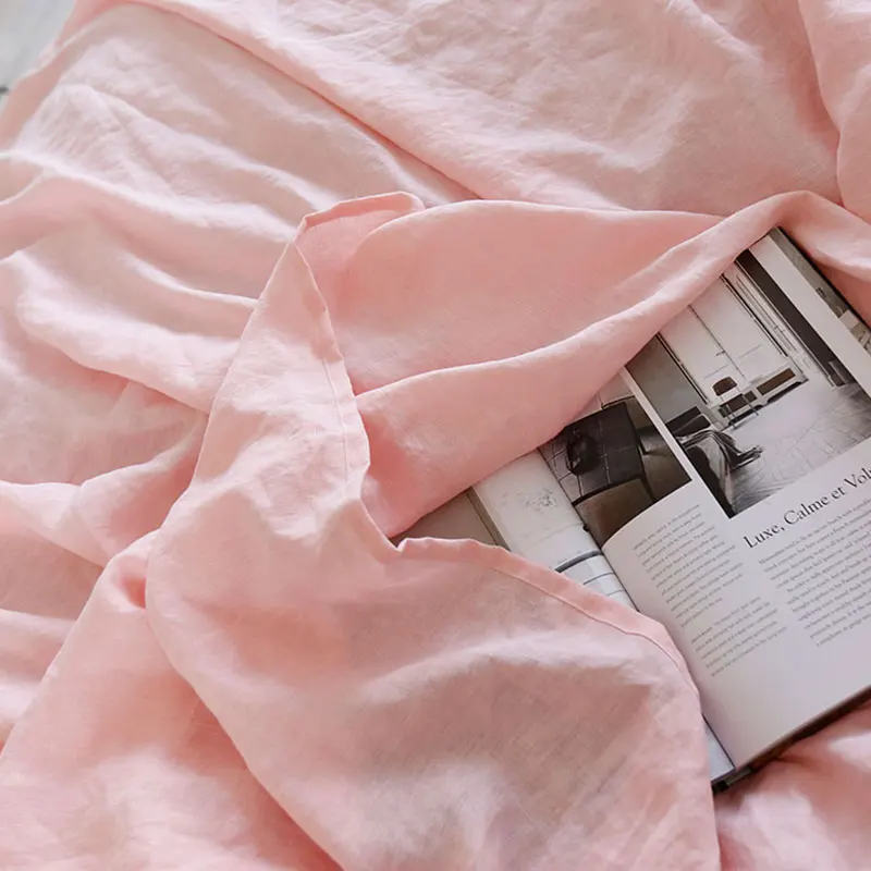 INS Romantic Cherry Pink Color Soft 100% Pure Flax Linen Bedding Set 4 Pcs 2 Pillowcases 1 Fitted Sheet 1 Duvet Cover
