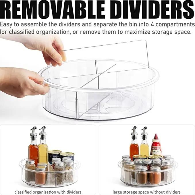 Lazy Susan 12 Inch Round Clear Spinning Organization Storage Container Bin Turntable Plastic Condiment Spice Rack with Dividers