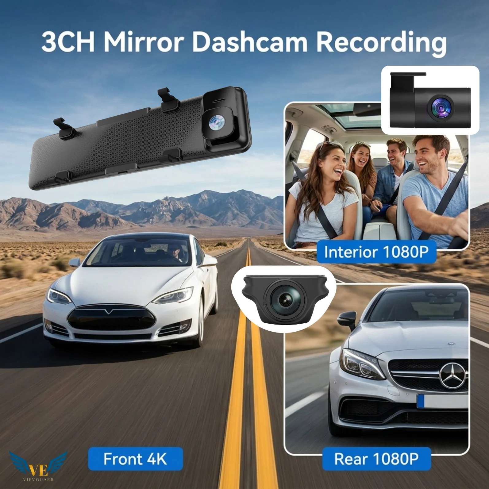 VIEVGUARB K1 Dash Cam Dual Lens ADAS Night Vision G-Sensor Parking Monitor Loop Recording App Control 4K FHD WiFi GPS 3 Channel