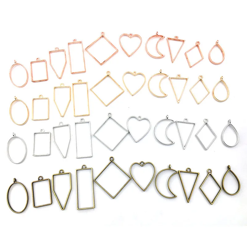 50 Pendenti A Cornice Cavi Per Resina Epossidica - Forme Geometriche Assortite, 5 Colori (Oro, Argento, Bronzo, Nero, Oro Rosa) Con Nastro