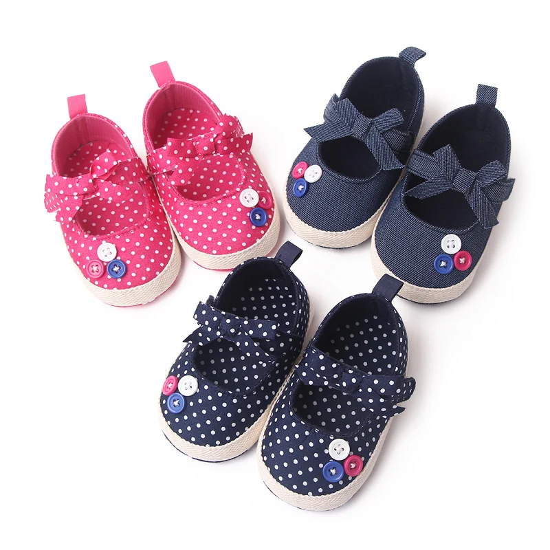 Solid Color Striped Polka-dot Bow Button Soft Soled Breathable Infants Toddler Shoes for Girls