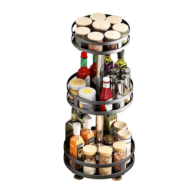 Circular 360 Degree Rotating Spice Rack Metal Standing Storage Three Tier Carbon Steel Kitchen Spice Rack