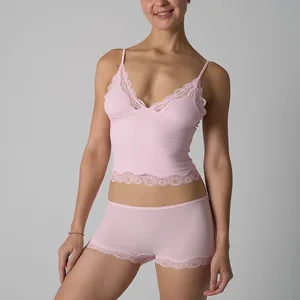 Under Lulu Custom Women's Custom Lightweight Lace Triangle Strap Boxer Panties 2-Piece Above Knee Short Tops Set