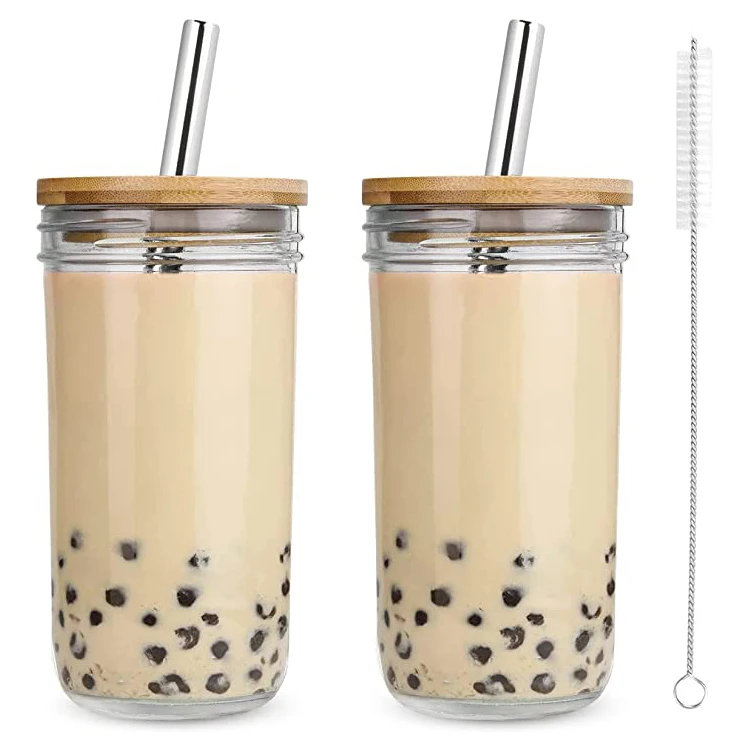 Reusable 24 Oz Bubble Tea Cup Wide Mason Mug With Bamboo Lid And