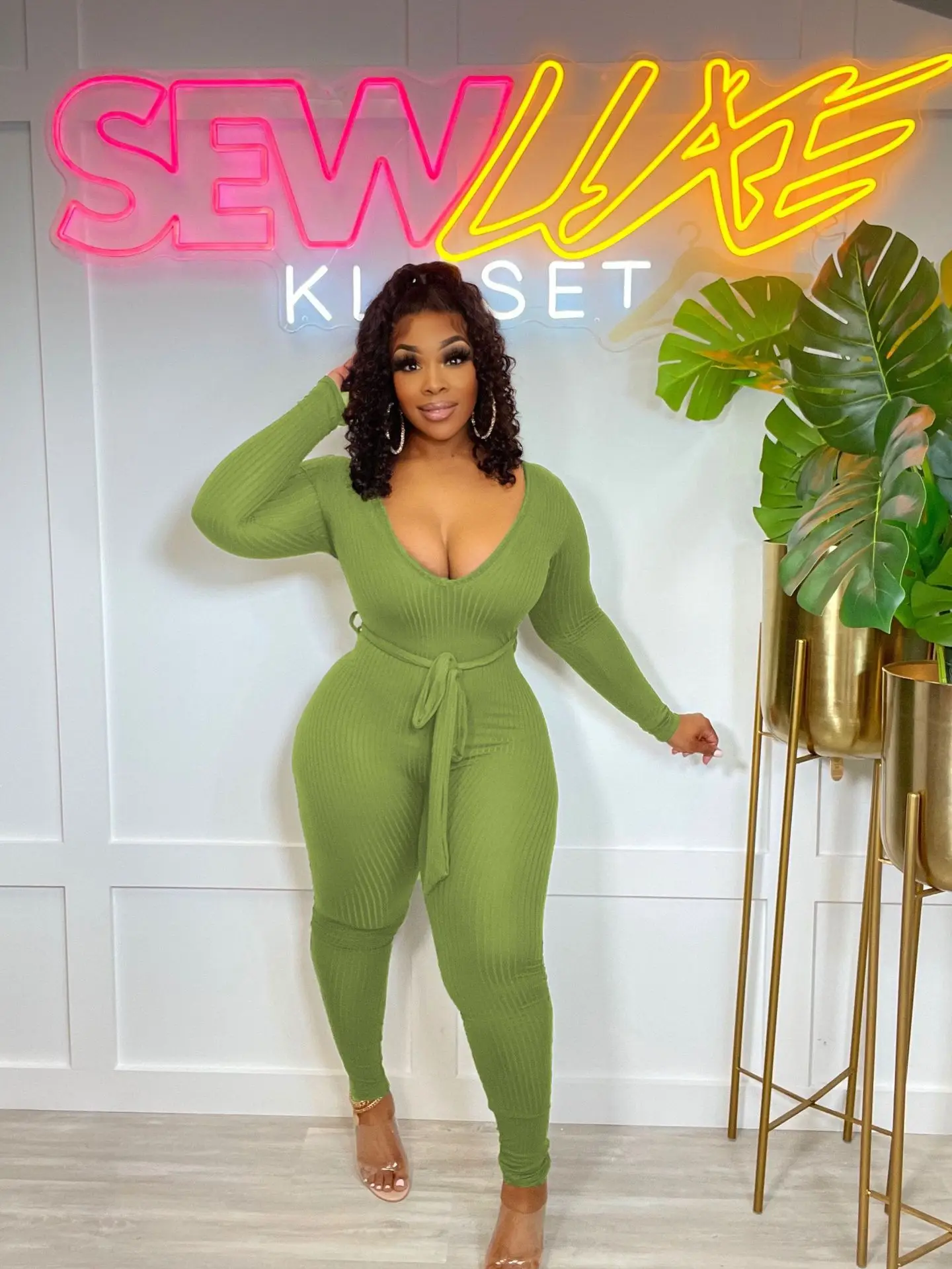 Elegant Romper V-Neck Pit Stripes Long Sleeve Solid Color
