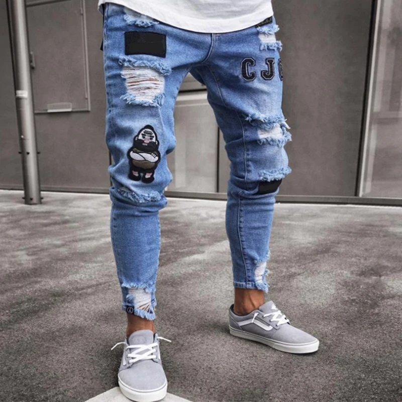 New Italy Style Men's Distressed Destroyed Badge Pants Art Patches ...