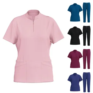 High Quality Knitted Zip-Up Top Cargo Pants Nurse Uniform Scrubs Set with Pockets for Beauty Salon Women
