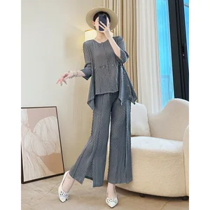 Women's Casual Solid Pattern Two-Piece Set New Autumn Sleeve Irregular Top + Wide Leg Pants Pleated Set