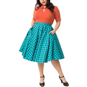 Women's Plus Size Printed Flared Midi Skirt Polka Dots Pleated Swing a Line Midi Skirts Elastic Waist Overall Skirt