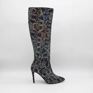 BUSY GIRL HQ1155 Custom Women's Black Iridescent Snake Print Knee-High Boots Wholesale Pointed Toe Stiletto High Heel Boots 2026