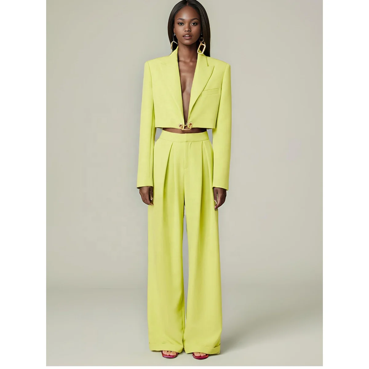 OUDINA Fashion One Button Short Suit Jacket Sets for Women