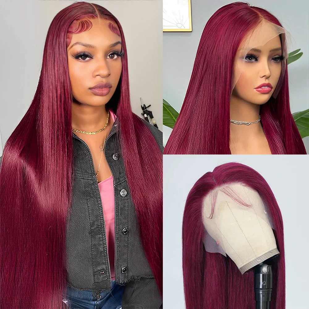 Burgunderrote, glatte Perücke aus menschlichem Haar, 13 x 4 Spitzenfront, brasilianisches Remy-Haar, weich für Frauen_voghion.com