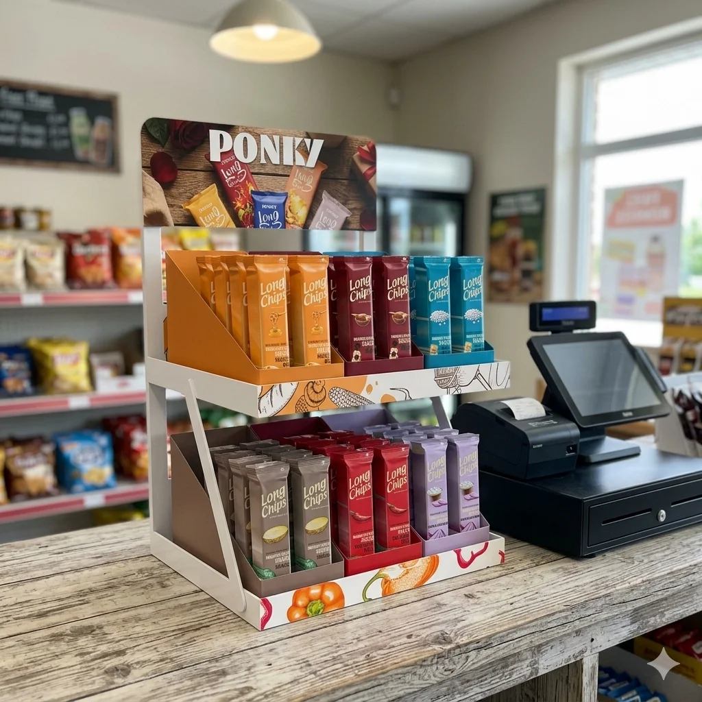 Custom 2-Tier Metal Countertop Snack Display Rack for Convenience Store Retail Store Food Chips POP POS Display Rack Apache