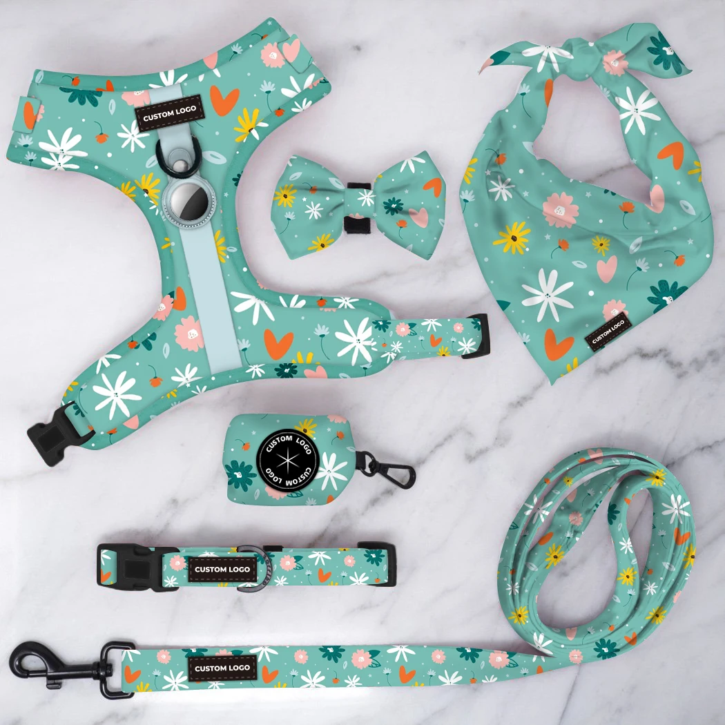 Personalized Mocha Flower Design Dog Harness Set Adjustable Soft No
