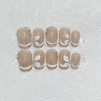French Hand-Painted Flower Nail Art Pure Desire Short Armour with Cat's Eye Pure Hand-Worn Freshly Pressed for Fingers Wholesale