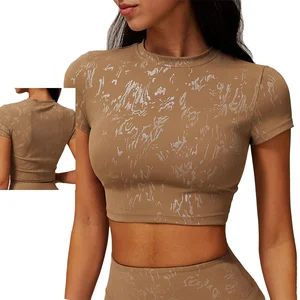 Bnice Breathable Crop Top Sports Shirt Nylon Yoga Top Foil Printing High Quality Sportswear Short Sleeve Crop Top for Fitness