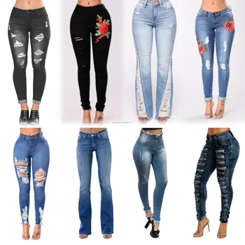 Customized New High Waist hole Slim Straight Tube Jeans Woman Denim Pants Skinny Pencil Jean Comfort Stretch jeans
