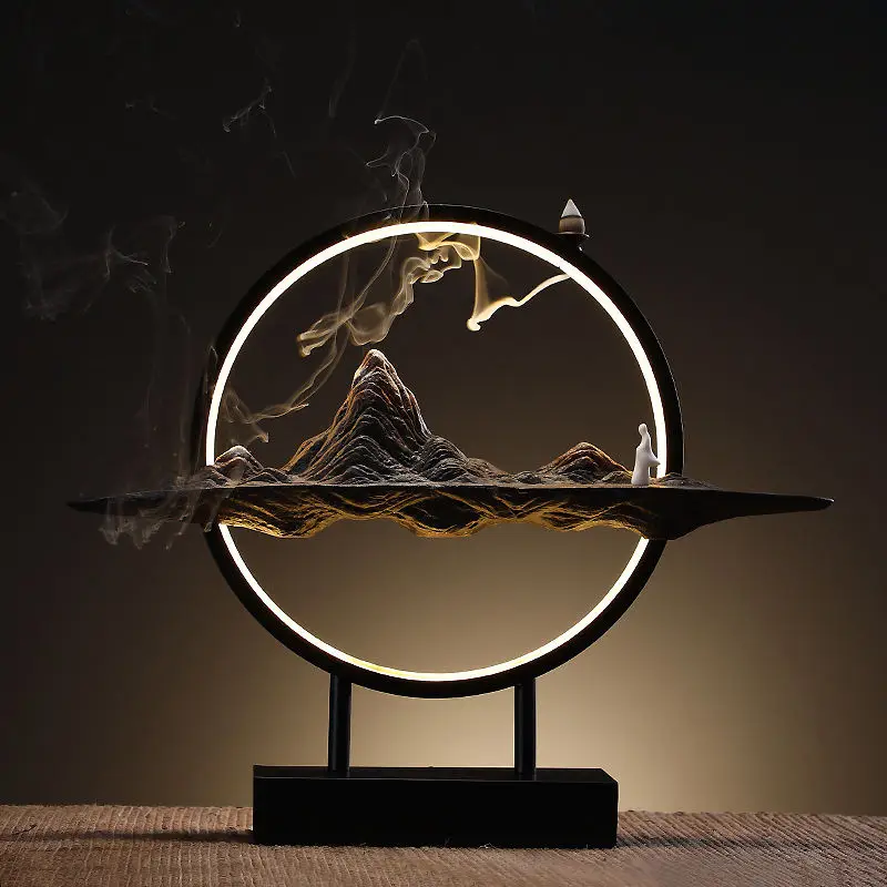 LED Ceramic Incense Backflow Censer Smoke Waterfall Holder Backflow Incense Burner for Home Office Desk Decor