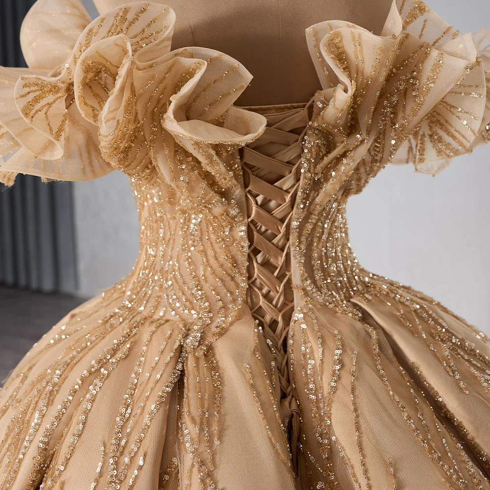 Long Gold Evening Dress with Organza Ball Gown Appliques