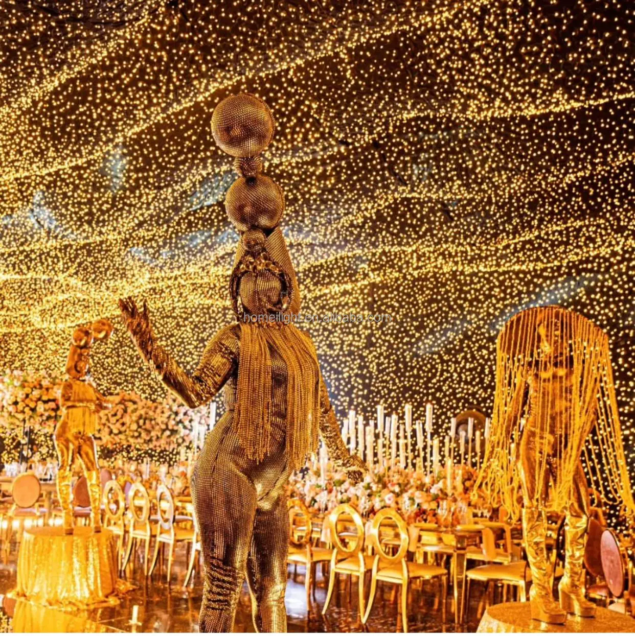 Most Popular LED Backdrop Starry Golden Drape Curtain Wedding Stage Lights for Church Cloth Warm White LED Star Curtain