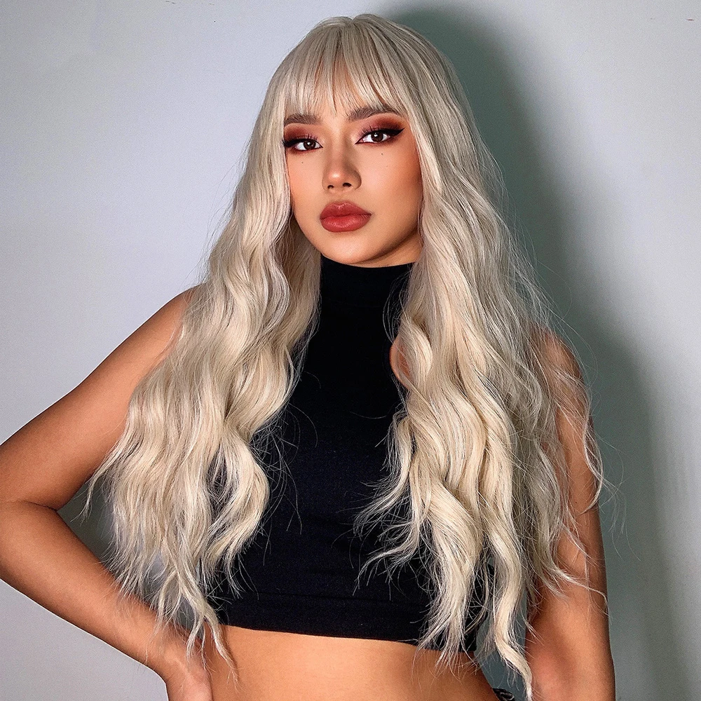 Natural Platinum Blonde Synthetic Wigs for Women with Bangs