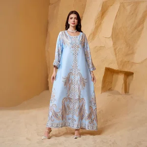 New Women's Clothing Muslim Long Robe Beaded Elegant Dress Round Neck Oriental Style Rhinestone Female Apparel