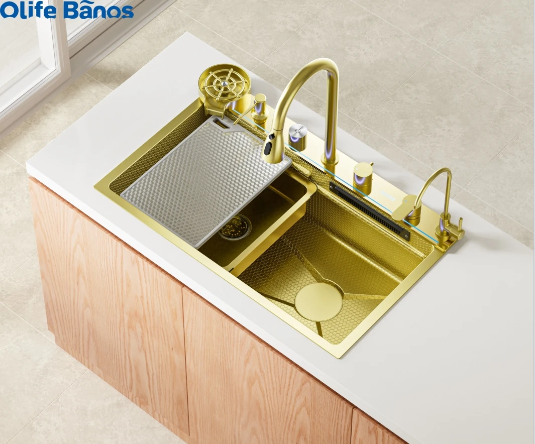 product newest design diy smart sus 304 digital display pull out  waterfall faucet multifunctional gold single bowl kitchen sink156-21