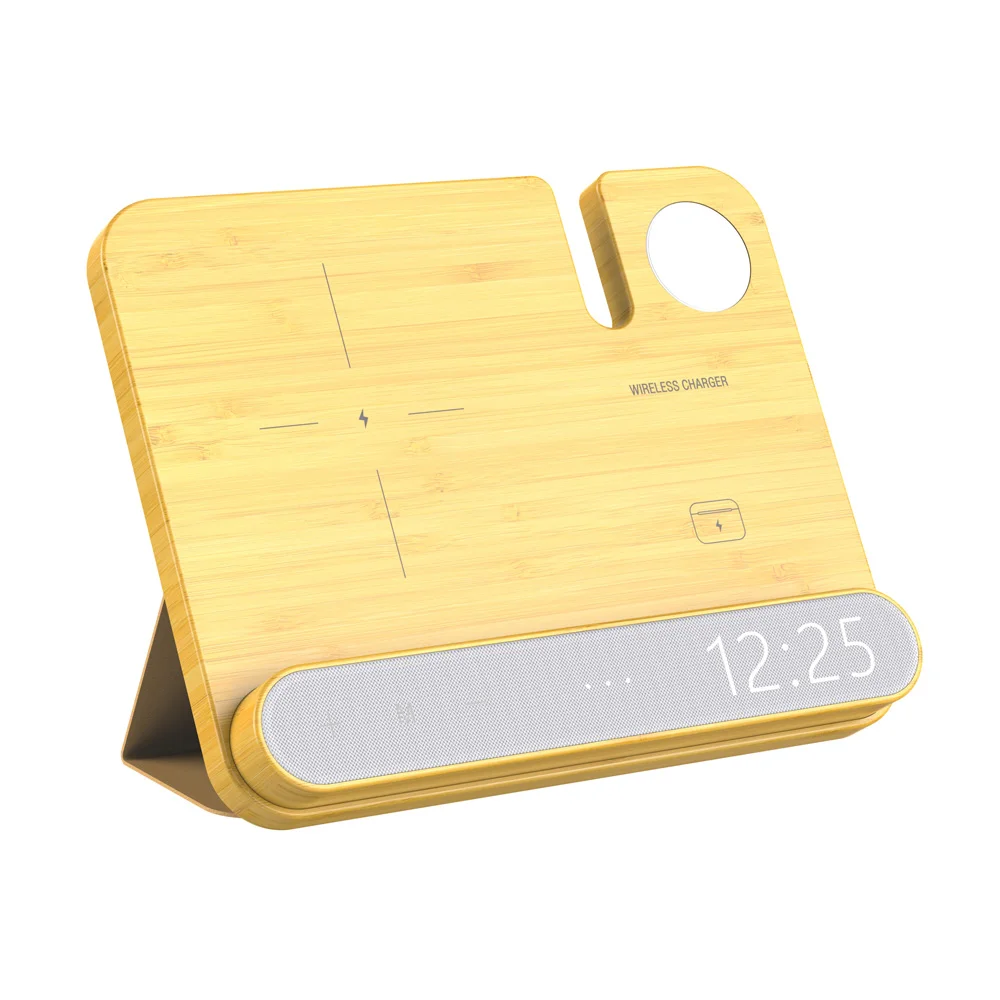 Portable Wooden 4 in 1 Multifunctional Wireless Charger  Bedside Led Light Lamp Digital Alarm Clock 15W Fast Charging Station