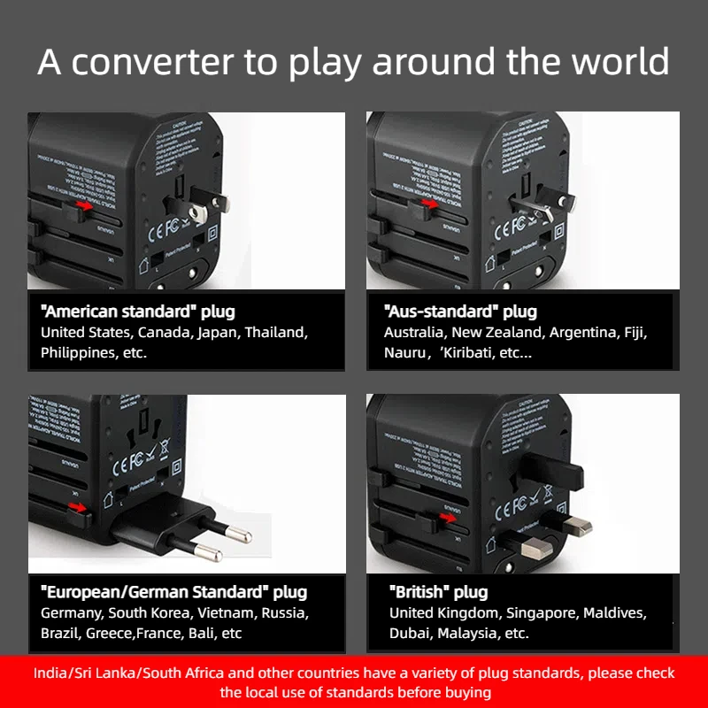 Jingsai 2USB Universal Power Converter Plug Multi-Country Travel Adapter with High 8A Rated Current for US EU UK Japan Australia