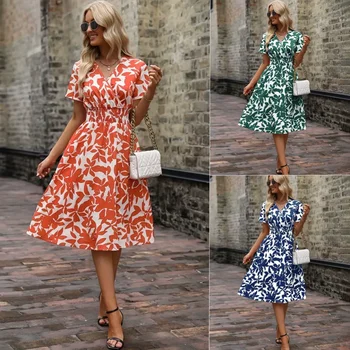 Summer Vacation Casual V-neck Short Sleeved Dress Women's Leaf Printed A-line Skirt Casual Dress with Pleated Elastic Waist