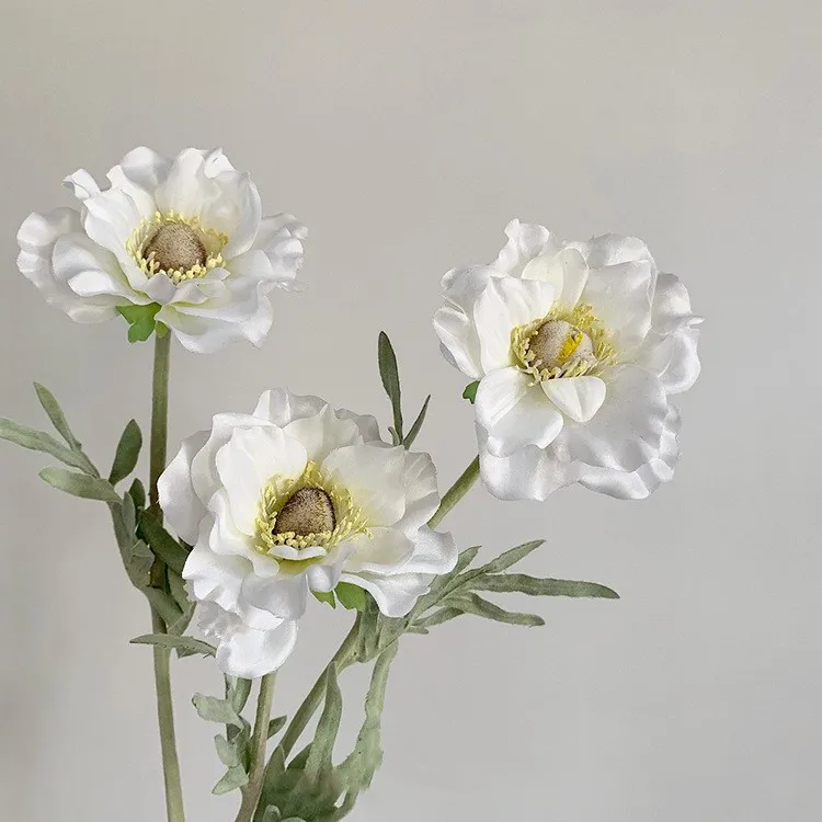 High Quality Artificial Silk Anemone White Flower Poppy Flocked Stem ...