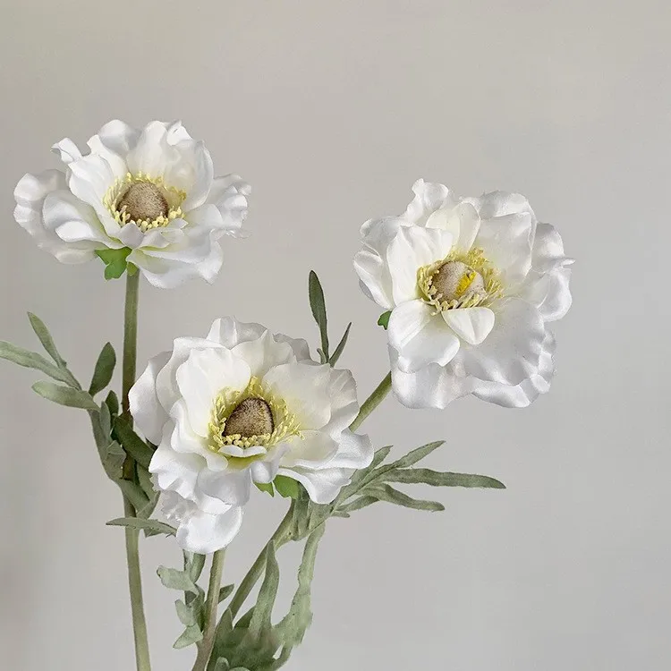 High Quality Artificial Silk Anemone White Flower Poppy Flocked Stem