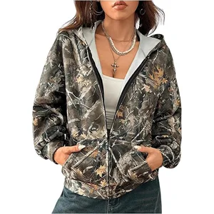 Autumn Loose Long Sleeve Hoodie Top Tree Branch Camo All Over Print Zipper Hooded Jacket Hoodies Women