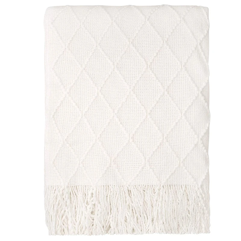 2024 Low Moq White Super Soft Cozy Textured Solid Tassels Decorative Lightweight Acrylic Knitted Couch Throw Blanket