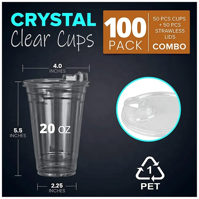 Clear Plastic Cups with Lids, 20 oz, 100 Pack